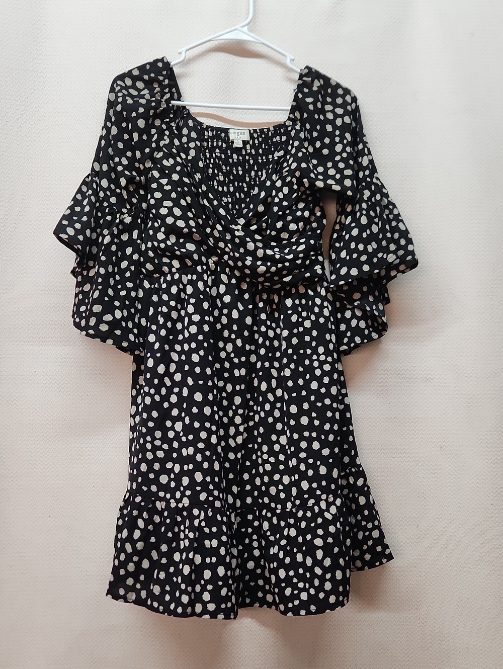 Umgee Black Midi Dress with Cream Spot Print and Ruffle Sleeves